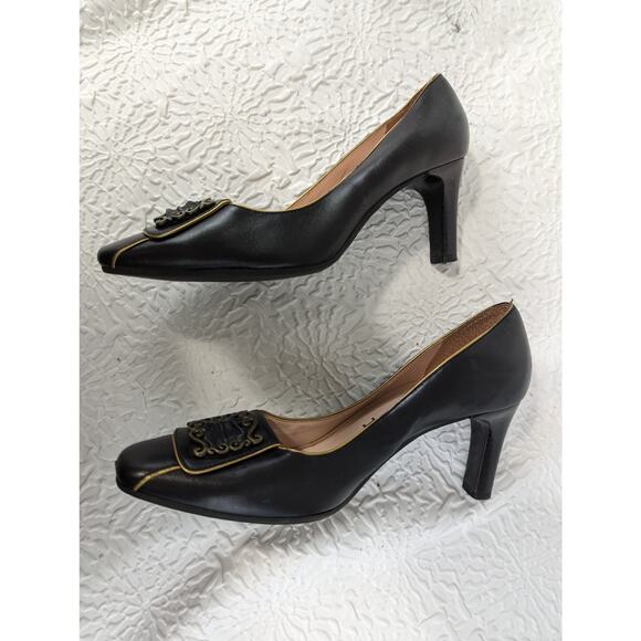 NWOT! UNISA! 1 SHOW! BLACK LEATHER/GOLD SQUARE TOE PUMPS, HEELS! SZ 8B - Picture 4 of 8